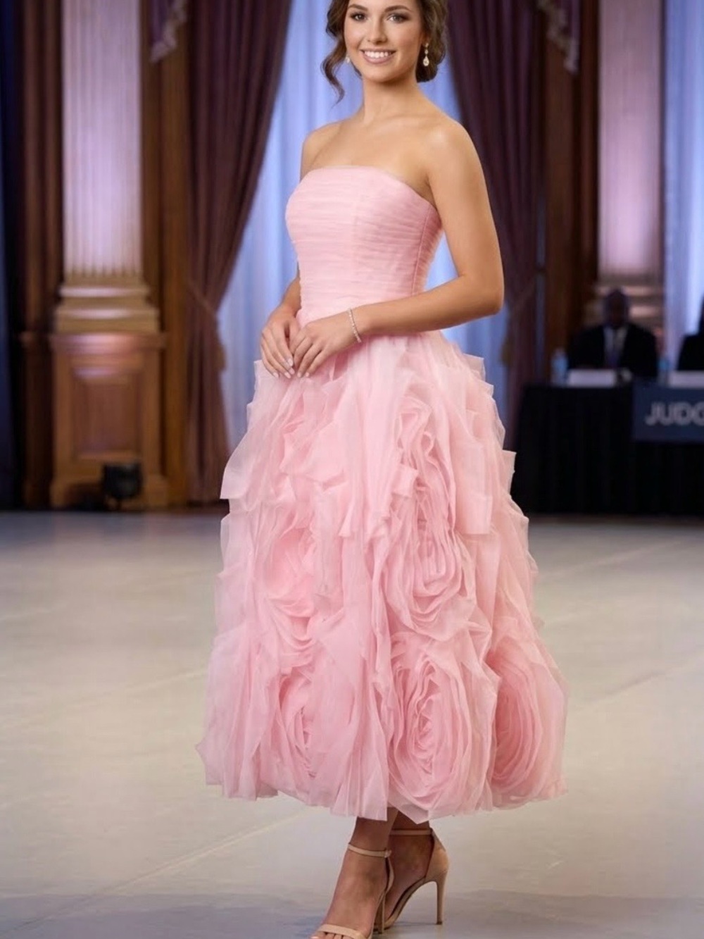 Strapless Pink Ruffle Tea-Length Dress